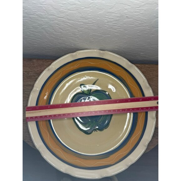 Hand-Painted Ceramic Pie Dish With Blue & Green Apple Design Orange & Blue - Picture 4 of 8